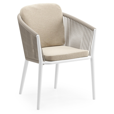 Chaise de jardin Orso en aluminium blanc et corde ronde tissée verticalement beige avec coussin luxe en All Weather Cosytica Althea Chalk