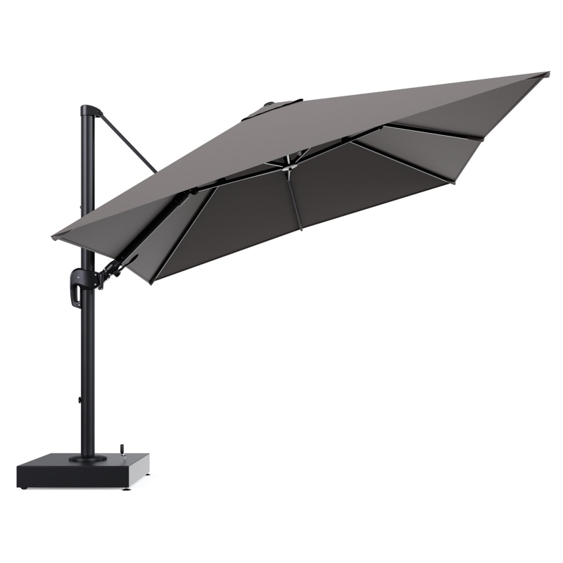 Rufina zweefparasol met tiltfunctie in zwart aluminium en Natte Nature Grey All Weather Sunbrella® Luxe parasoldoek - L1 300 x L2 300 cm met parasolvoet Minore 150 kg met wielen
