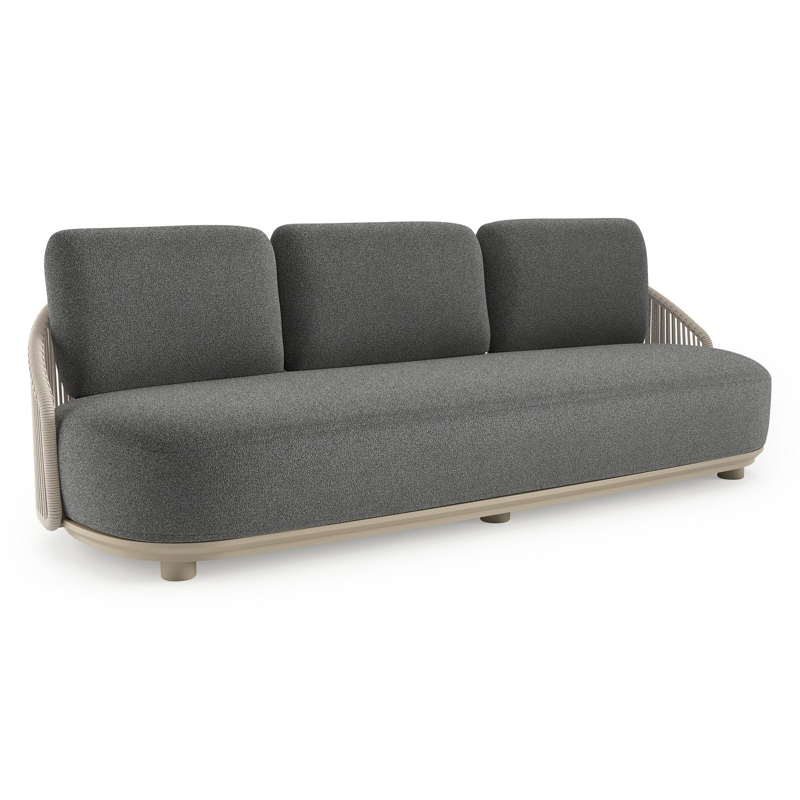 Canapé de jardin Vadelo en aluminium beige et corde ronde tissée verticalement beige et coussins en all weather cosytica catania black