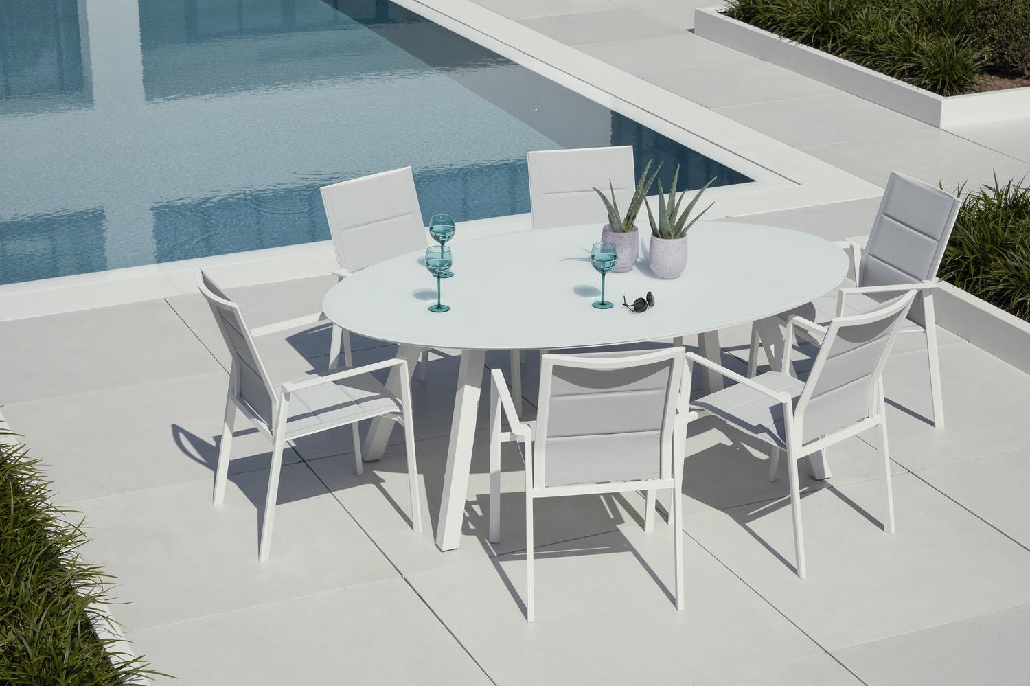 Cirello stapelbare tuinstoel in wit aluminium en grijs comfort textilene