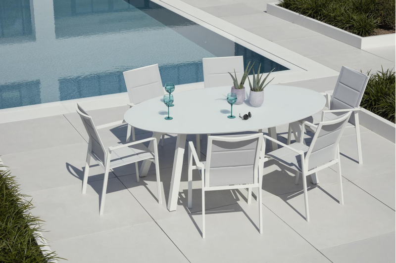 Cirello stapelbare tuinstoel in wit aluminium en grijs comfort textilene