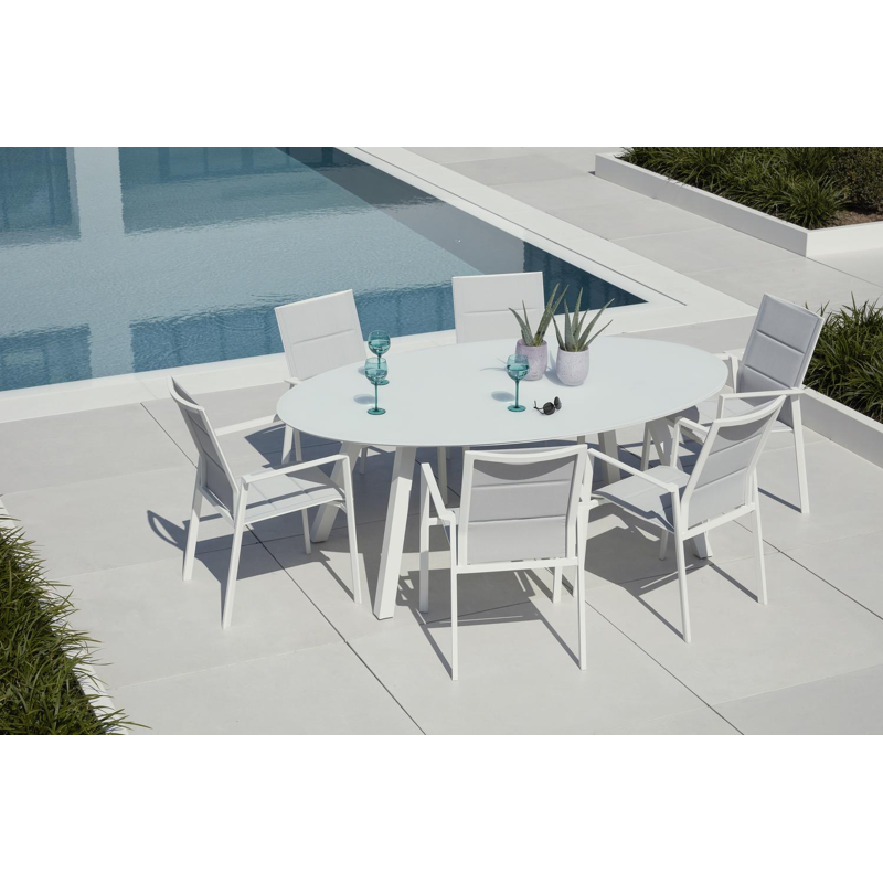 Cirello stapelbare tuinstoel in wit aluminium en grijs comfort textilene