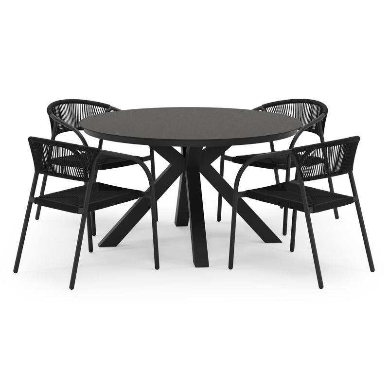 Ensemble de jardin Tora en aluminium noir et sintered stone noir avec 4 chaises de jardin empilable Melo
