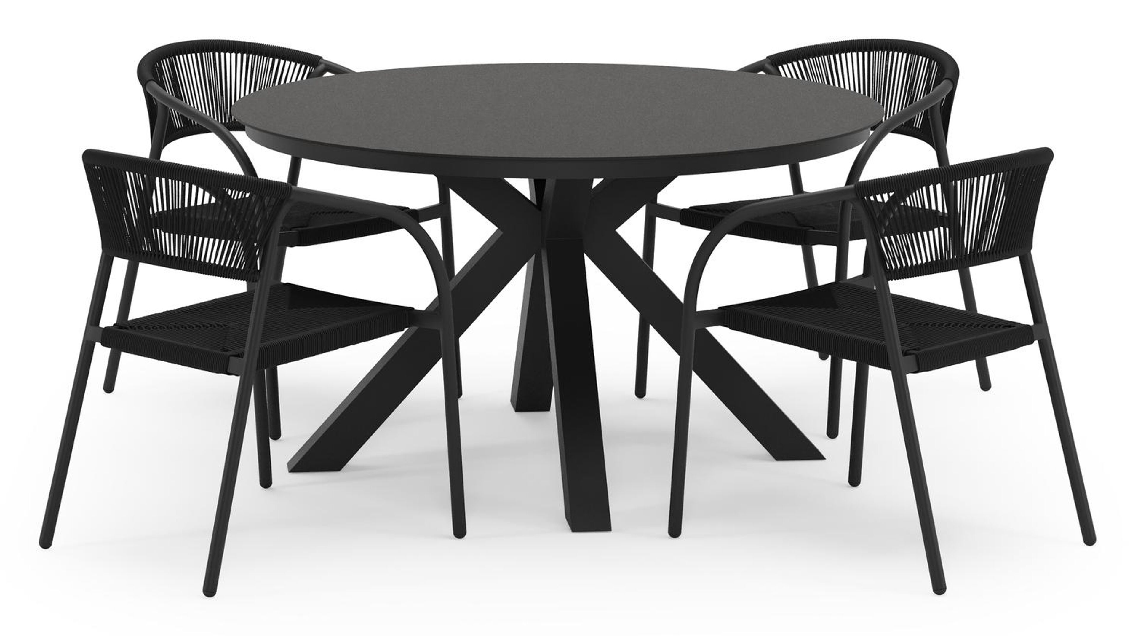 Ensemble de jardin Tora en aluminium noir et sintered stone noir avec 4 chaises de jardin empilable Melo