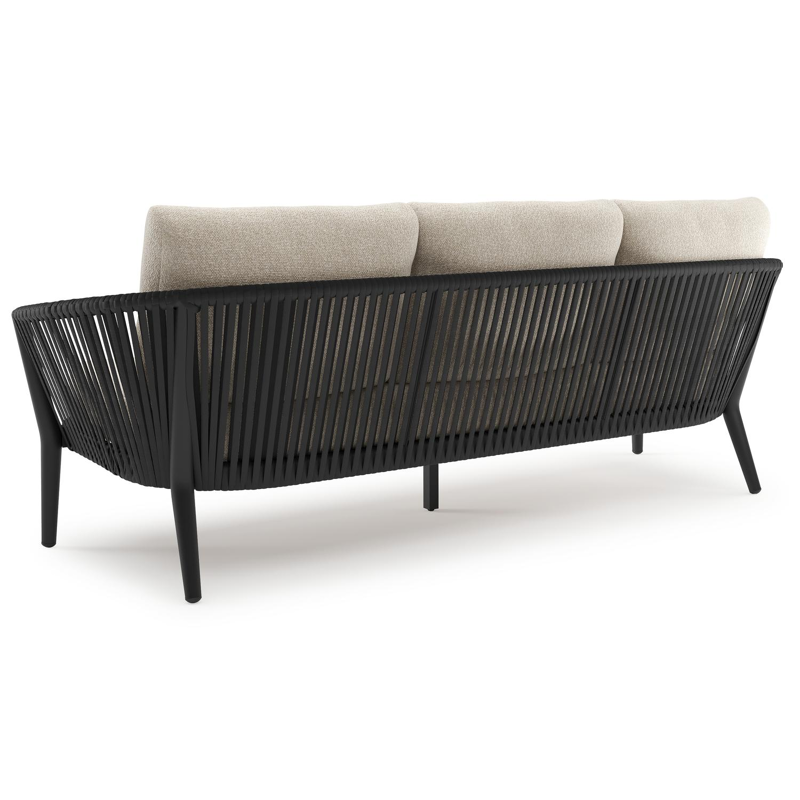 Orso loungebank in zwart aluminium en zwart verticaal geweven luxe vlakke rope met Marbella Ecru all weather cosytica kussen