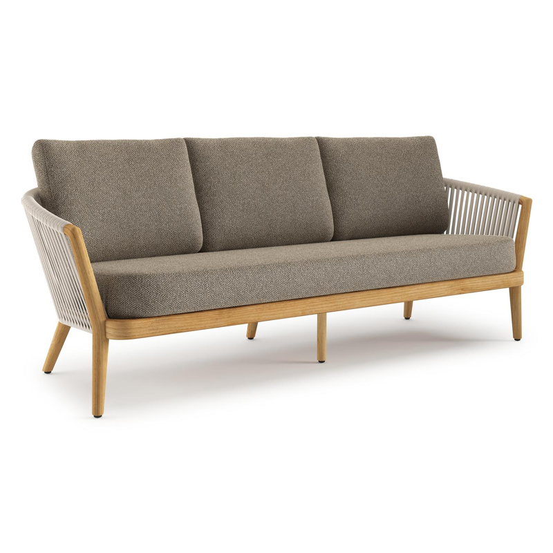 Orso loungebank in teak en beige verticaal geweven luxe vlakke rope met Madagascar Burch all weather cosytica kussen