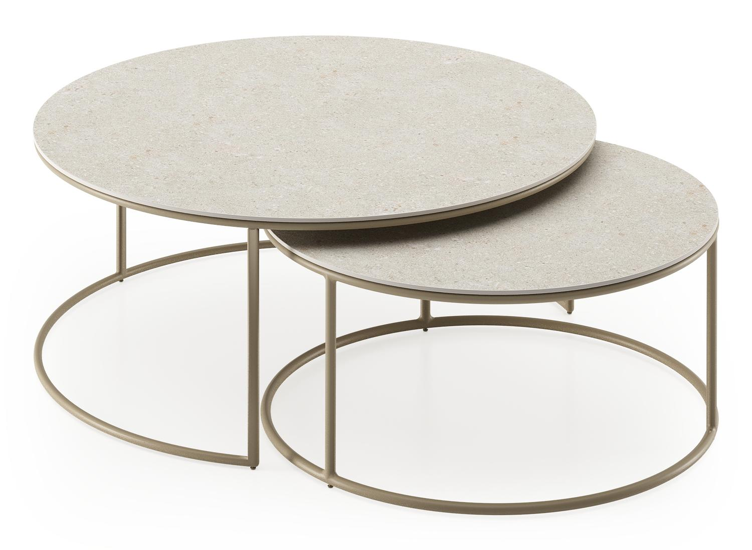 Ensemble de 2 tables d'appoint Fano ronde en aluminium beige et céramique pleine Shilin - Diam. 85 x Haut. 35 cm