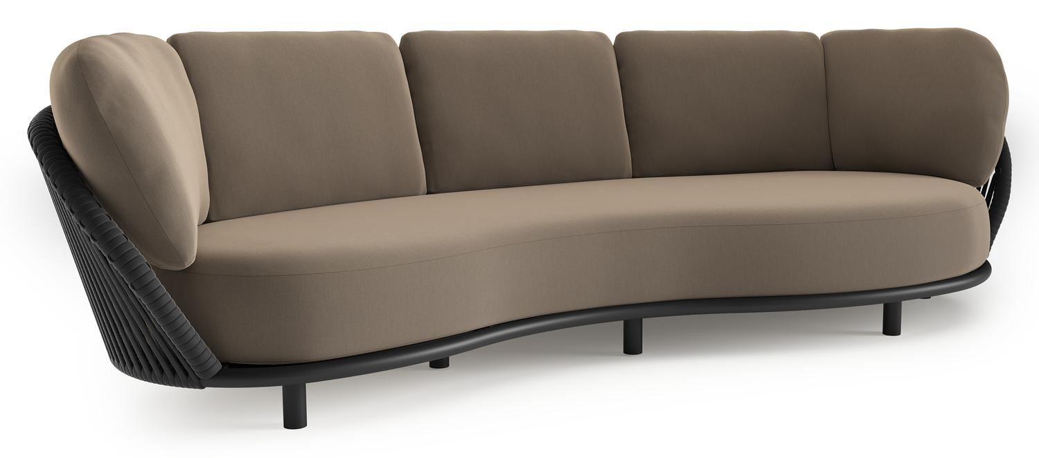 Lupino loungebank in zwart aluminium en zwart verticaal geweven luxe vlakke brede rope met natte heather grey all weather sunbrella® luxe kussen