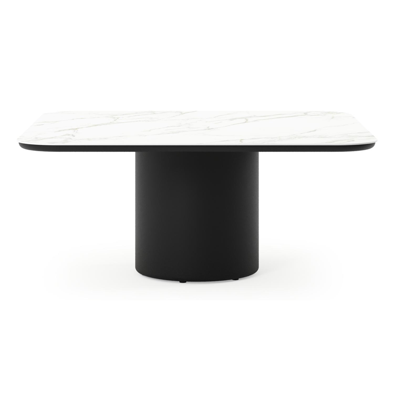 Amico low dining tuintafel afgerond vierkant in zwart aluminium en volkeramiek Calacatta - L 148 x B 148 x H 61 cm