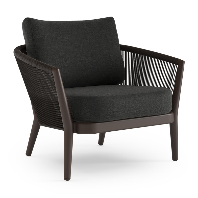 Fauteuil de jardin Orso en aluminium brun foncé et corde ronde tissée verticalement brun foncé et coussins en all weather sunbrella® luxe chartres sooty