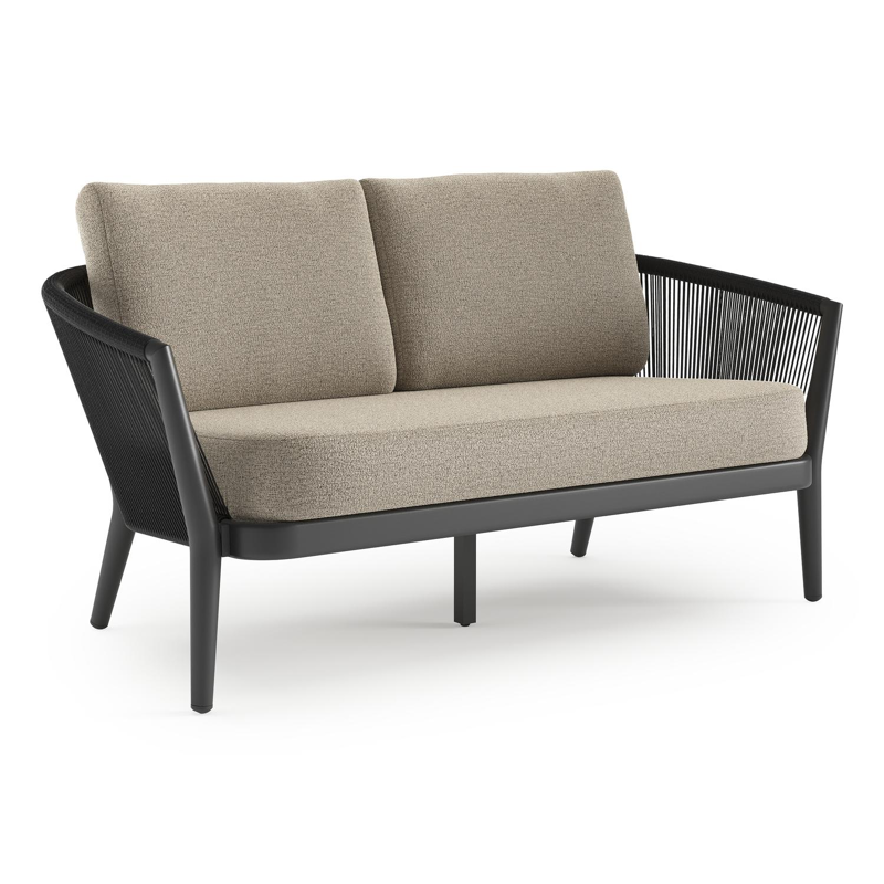 Canapé de jardin Orso en aluminium noir en corde ronde tissée verticalement noir et coussins en all weather cosytica Catania Beige