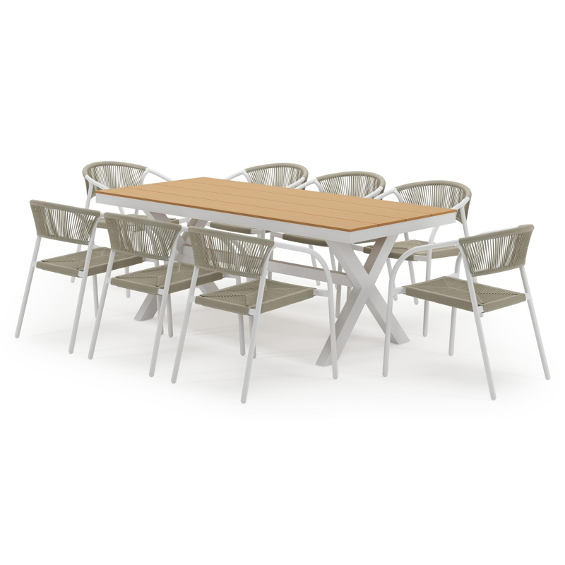Bahia tuinset in wit aluminium en polywood met 8 stapelbare Melo tuinstoelen