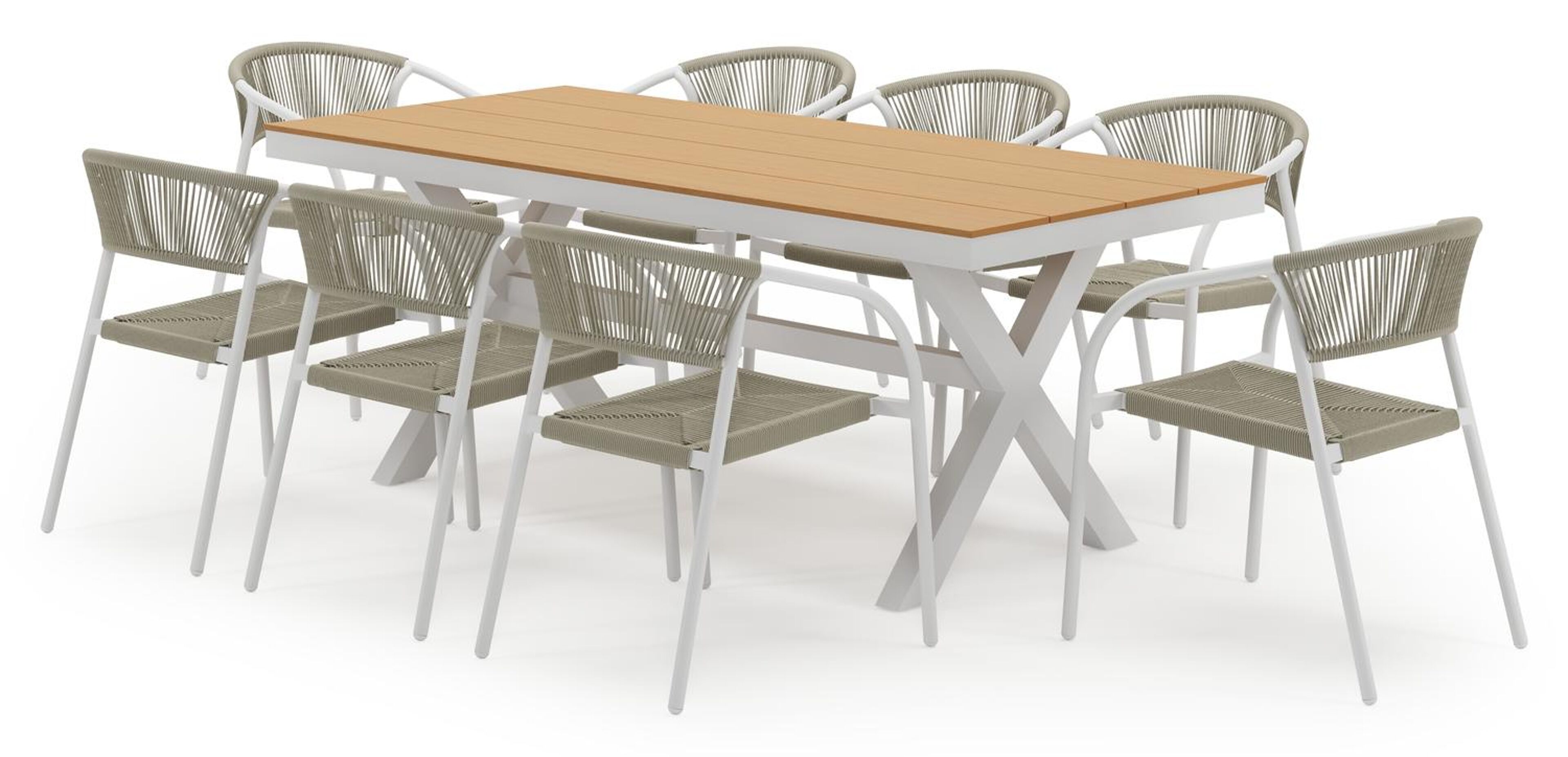 Bahia tuinset in wit aluminium en polywood met 8 stapelbare Melo tuinstoelen