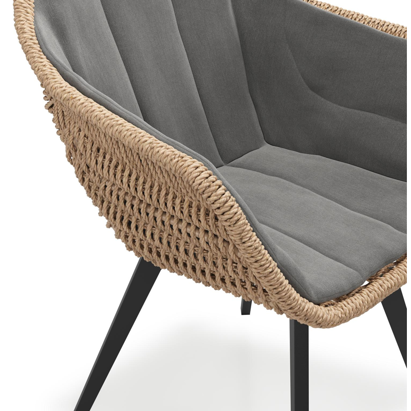 Pagino tuinstoel in zwart aluminium en naturel ronde wicker met kussen in natte charcoal chine all weather sunbrella® luxe