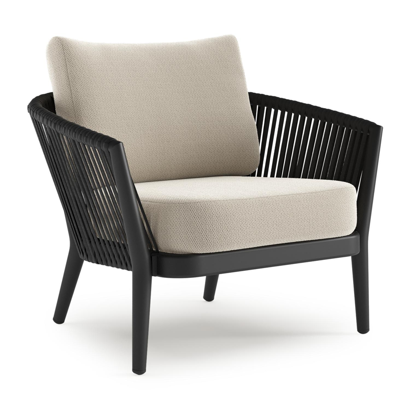 Orso loungestoel in zwart aluminium en zwart verticaal geweven luxe vlakke rope met Lopi Marble all weather sunbrella® luxe kussen
