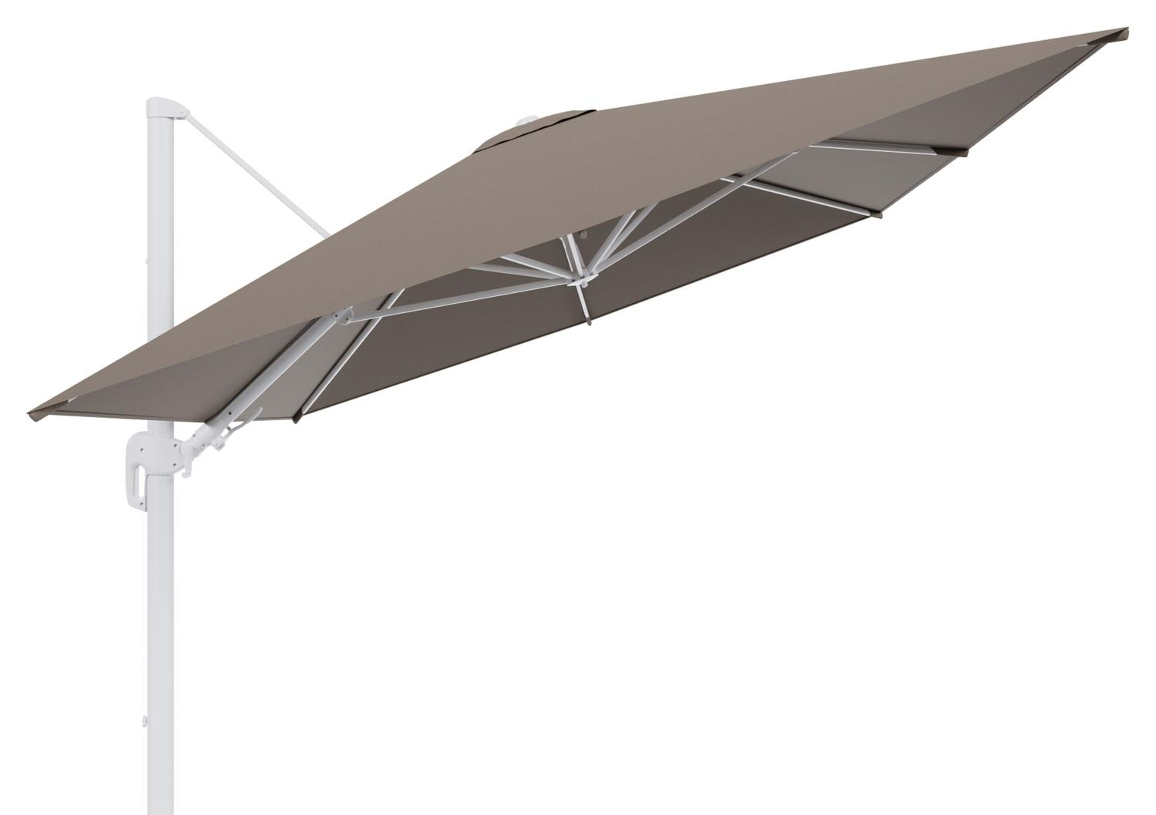 Rufina zweefparasol tiltfunctie in wit aluminium en parasoldoek in All Weather Sunbrella® Luxe Natte Heather Grey  - L1 400 x L2 300 cm (zonder voet)