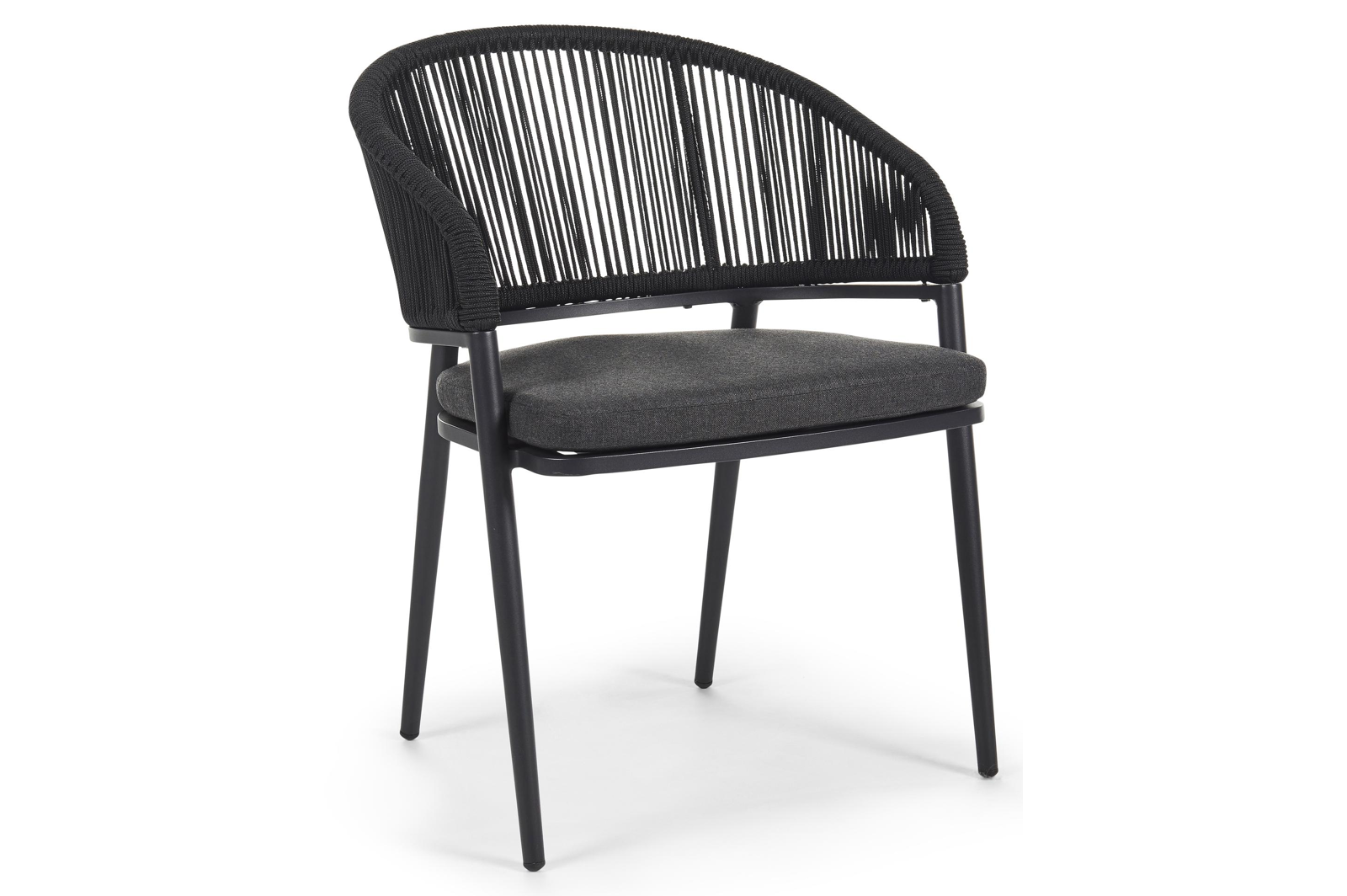 Lacrima tuinstoel in zwart aluminium en zwart verticaal geweven ronde rope met kussen in natte sooty all weather sunbrella® luxe