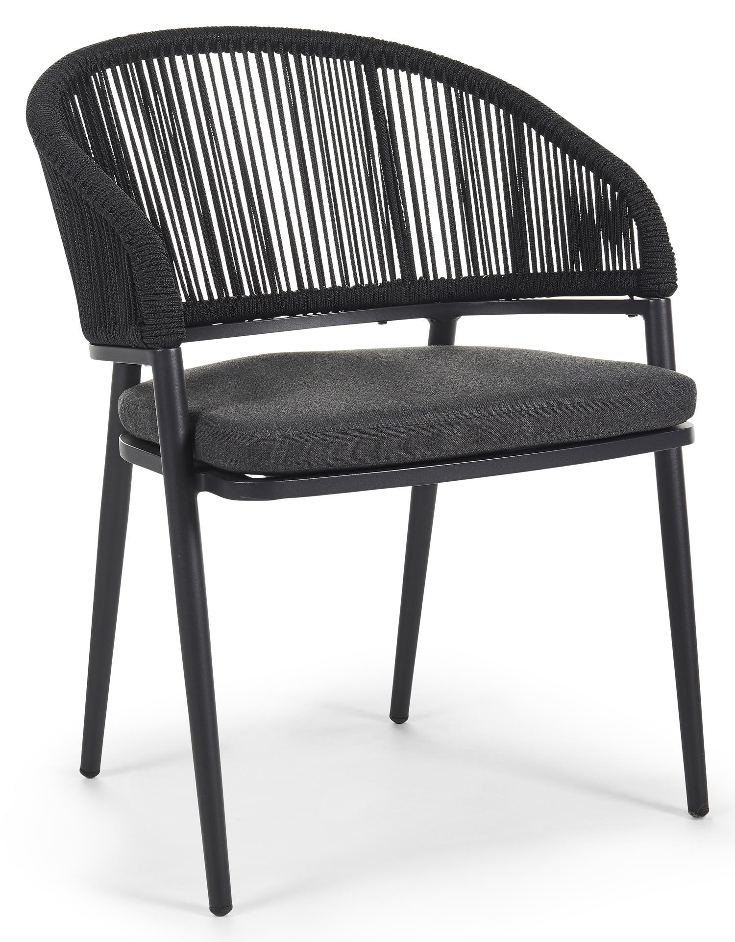 Lacrima tuinstoel in zwart aluminium en zwart verticaal geweven ronde rope met kussen in natte sooty all weather sunbrella® luxe