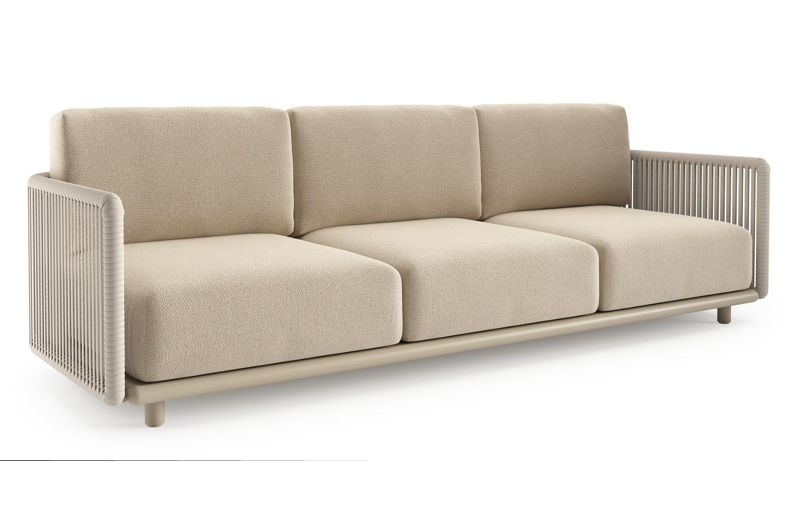 Organo loungebank in beige aluminium en beige verticaal geweven luxe vlakke rope met althea chalk all weather Cosytica kussen