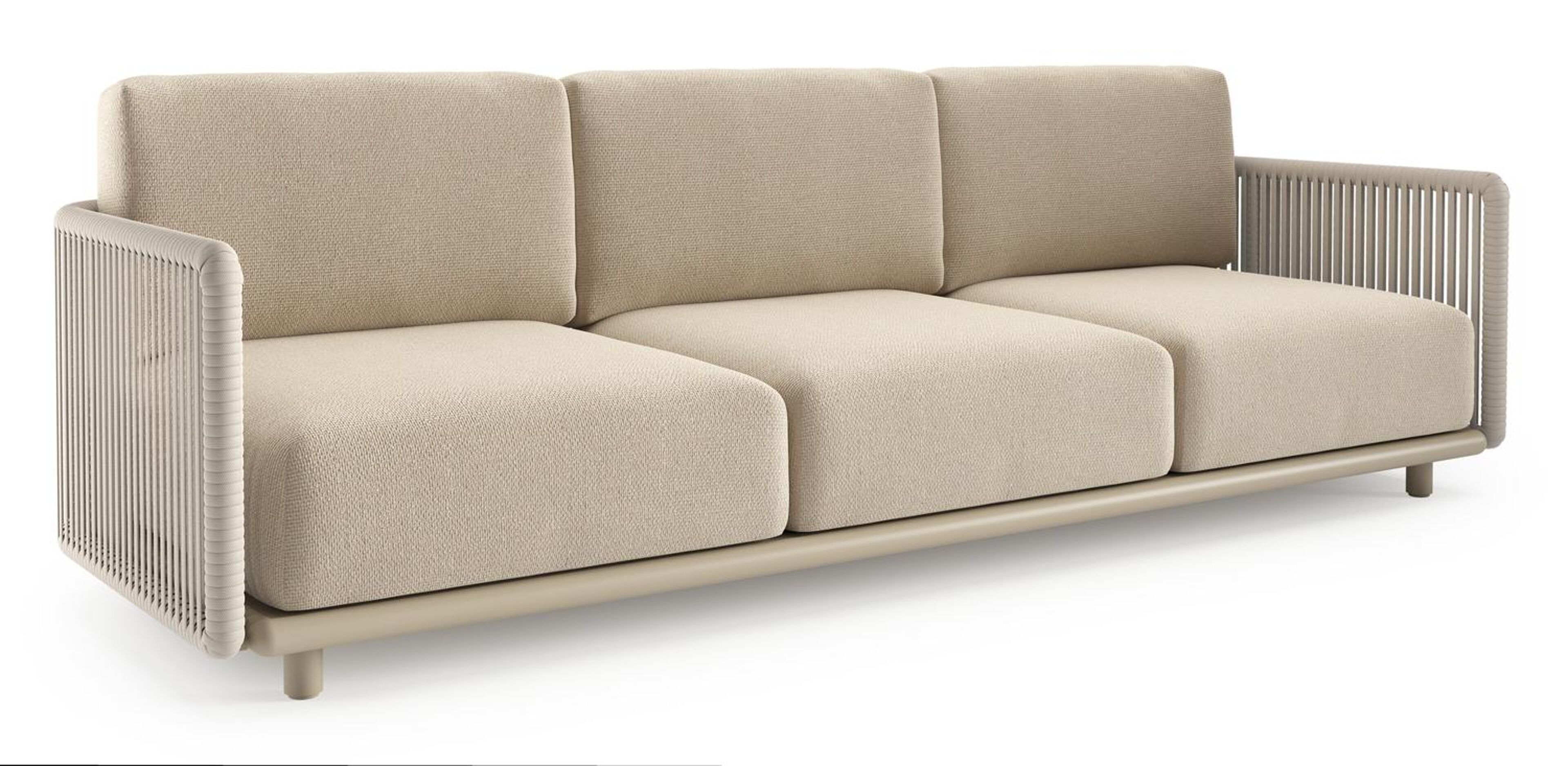 Organo loungebank in beige aluminium en beige verticaal geweven luxe vlakke rope met althea chalk all weather Cosytica kussen