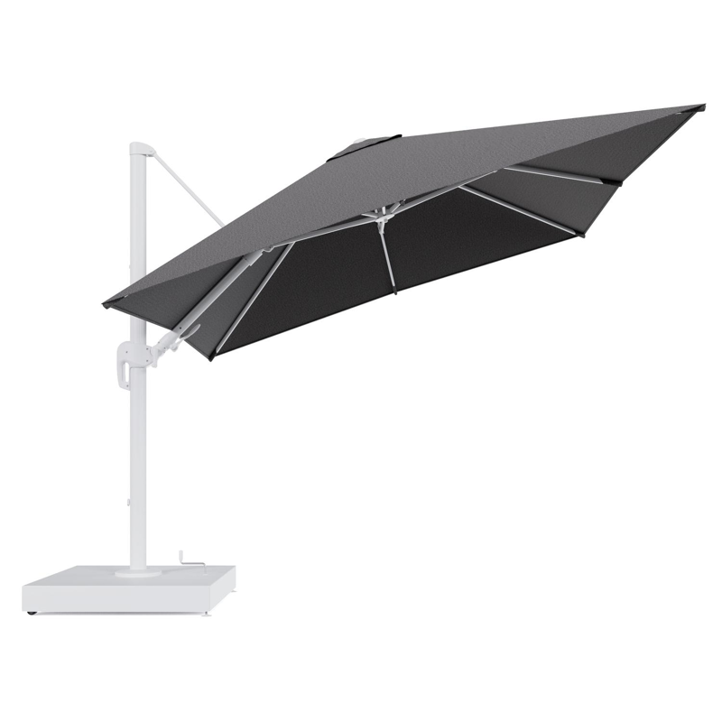 Rufina zweefparasol met tiltfunctie in wit aluminium en Firenze Tunder All Weather Solica parasoldoek - L1 300 x L2 300 cm met parasolvoet Minore 260 kg met wielen