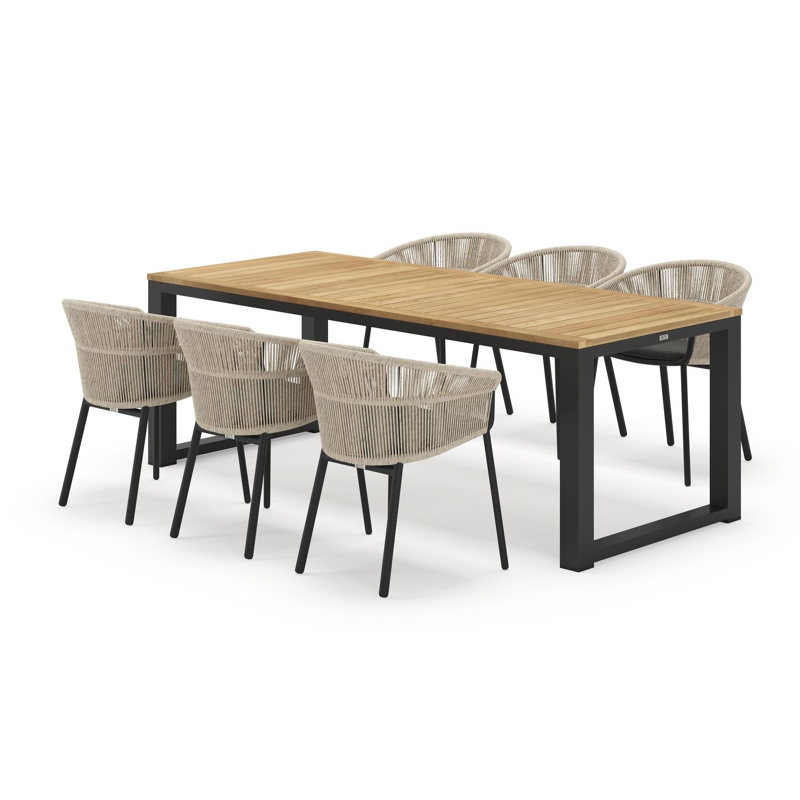Livo rechthoekige tuinset in zwart aluminium en teak natural finish met 6 Matera tuinstoelen