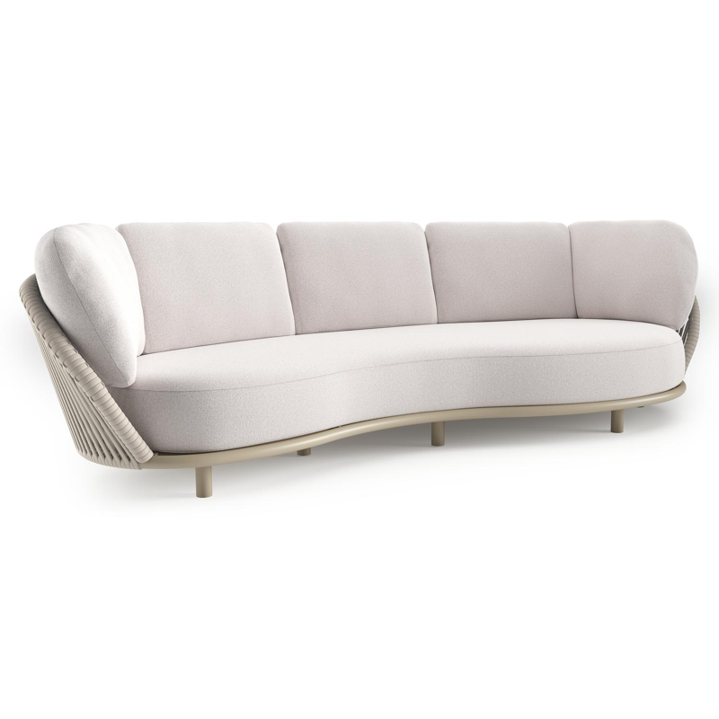 Lupino loungebank in beige aluminium en beige verticaal geweven luxe vlakke brede rope met ego eggshell all weather solica kussen