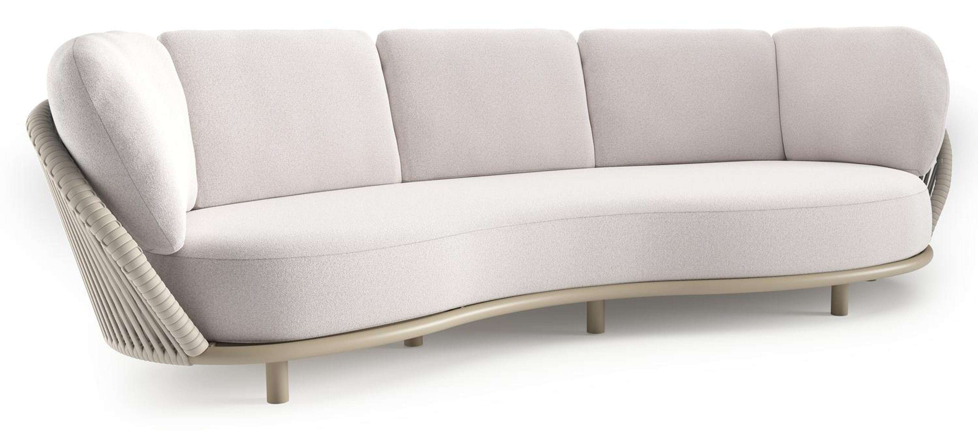 Lupino loungebank in beige aluminium en beige verticaal geweven luxe vlakke brede rope met ego eggshell all weather solica kussen