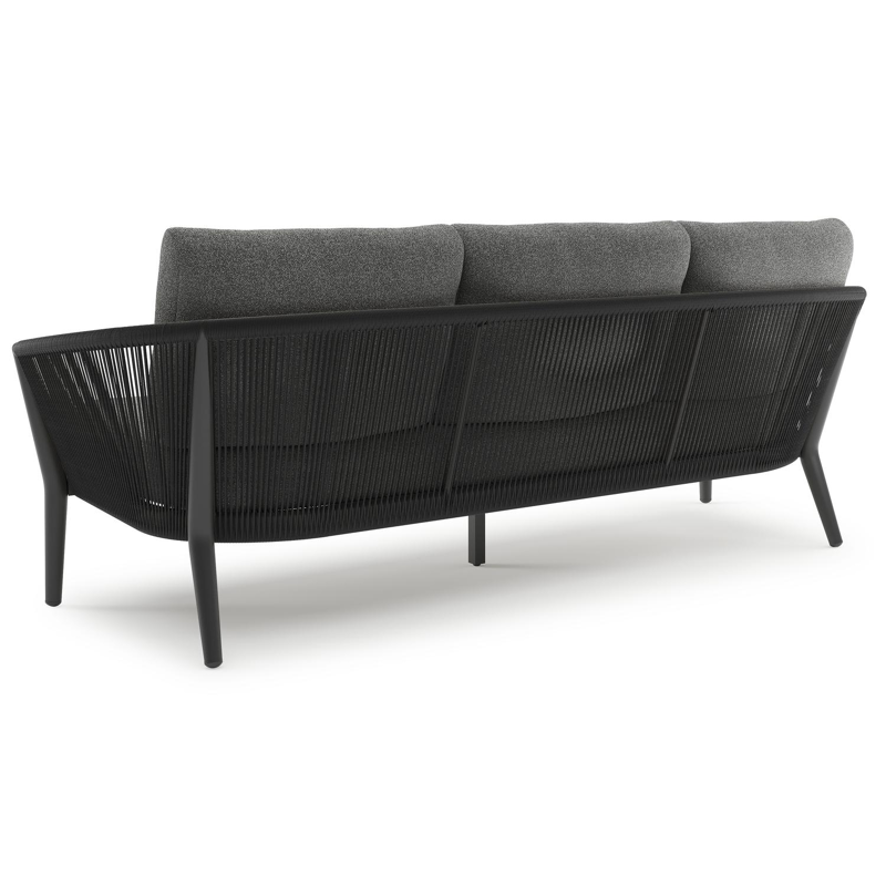 Orso loungeset in zwart aluminium en zwart verticaal geweven ronde rope met Catania Black all weather cosytica kussen