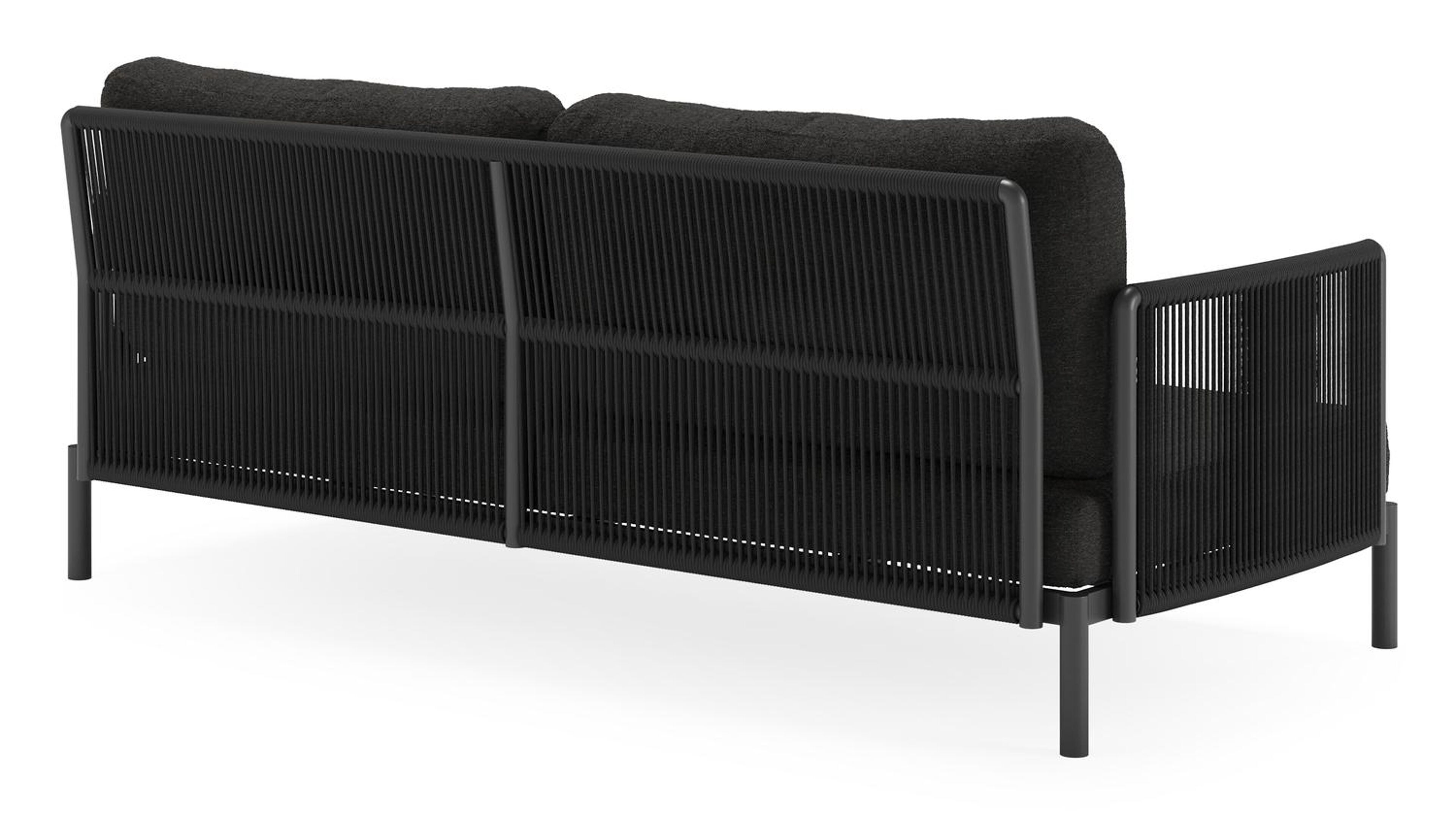 Amarante loungeset in zwart aluminium en zwart verticaal geweven ronde rope met zwart Weather+ Softtouch kussen