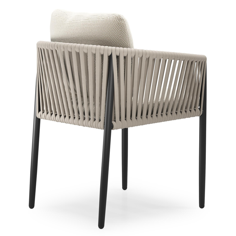 Organo tuinstoel in zwart aluminium en beige verticaal geweven luxe vlakke rope met zitkussen in All Weather Cosytica Althea Off White