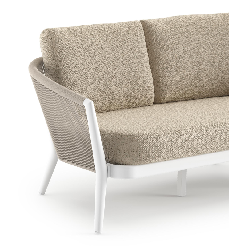 Canapé de jardin Orso en aluminium blanc en corde ronde tissée verticalement beige et coussins en all weather cosytica Bora Forest