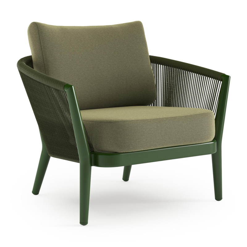 Orso loungestoel in groen aluminium en groen verticaal geweven ronde rope met Heritage Leaf all weather sunbrella® luxe kussen