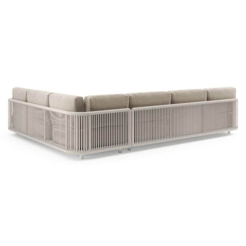 Organo loungehoek in wit aluminium en beige verticaal geweven luxe vlakke rope met chartres pewter all weather sunbrella® luxe kussens