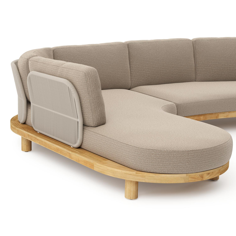 Salon de jardin d'angle Donato en teck et corde ronde tissée verticalement beige et coussins en all weather solica Firenze Earth