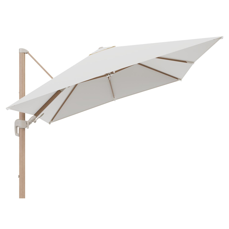 Rufina zweefparasol tiltfunctie in houtlook aluminium en parasoldoek in All Weather Sunbrella® Luxe Natte White  - L1 300 x L2 300 cm (zonder voet)