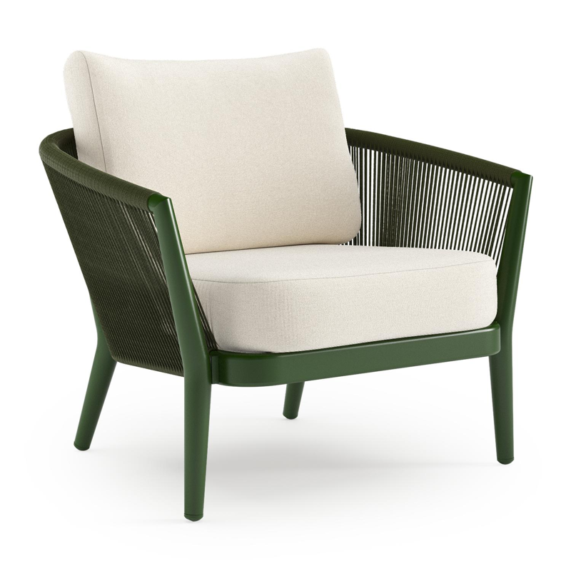 Orso loungestoel in groen aluminium en groen verticaal geweven ronde rope met Natte White all weather sunbrella® luxe kussen