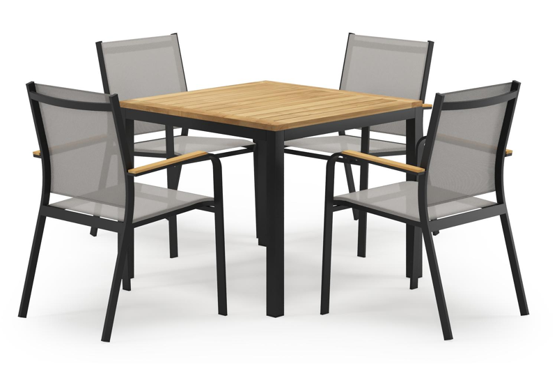 Feltro vierkante tuinset in zwart aluminium en teak natural finish met 4 Amalfi tuinstoelen