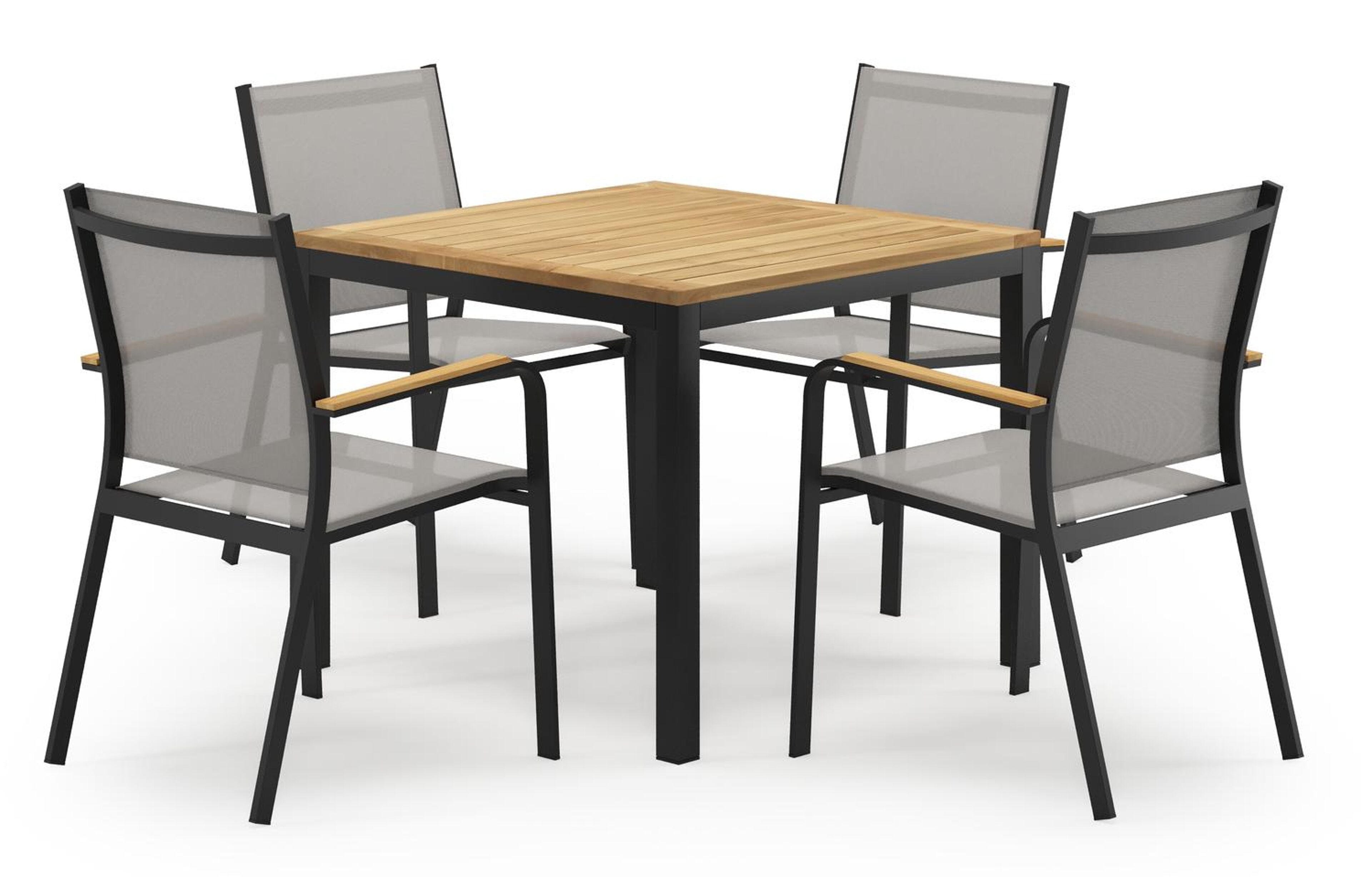 Feltro vierkante tuinset in zwart aluminium en teak natural finish met 4 Amalfi tuinstoelen