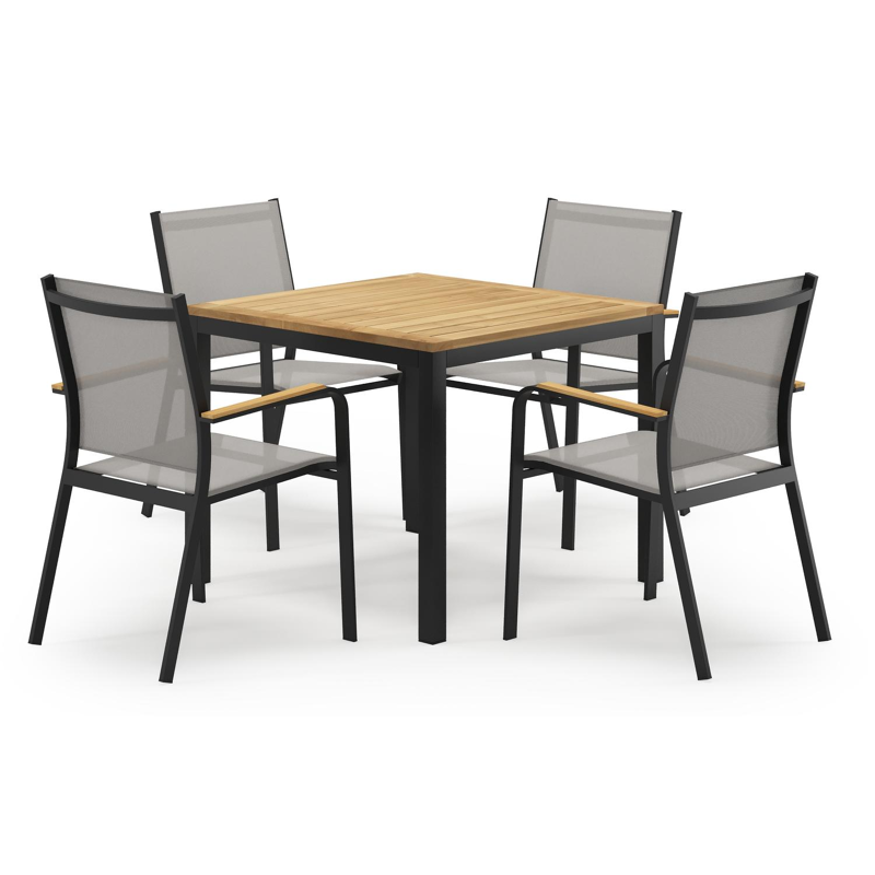 Feltro vierkante tuinset in zwart aluminium en teak natural finish met 4 Amalfi tuinstoelen