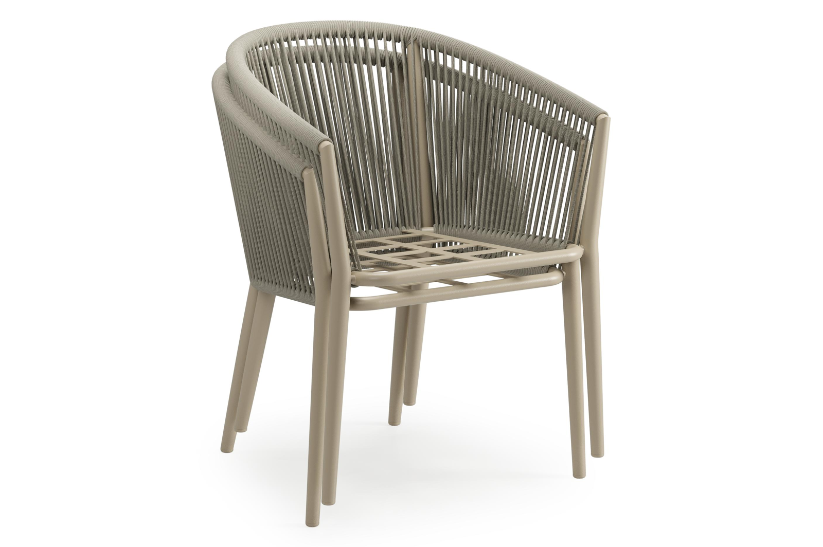 Orso stapelbare tuinstoel in beige aluminium en beige verticaal geweven ronde rope met kussen in All Weather Sunbrella® Luxe Slow Farafra