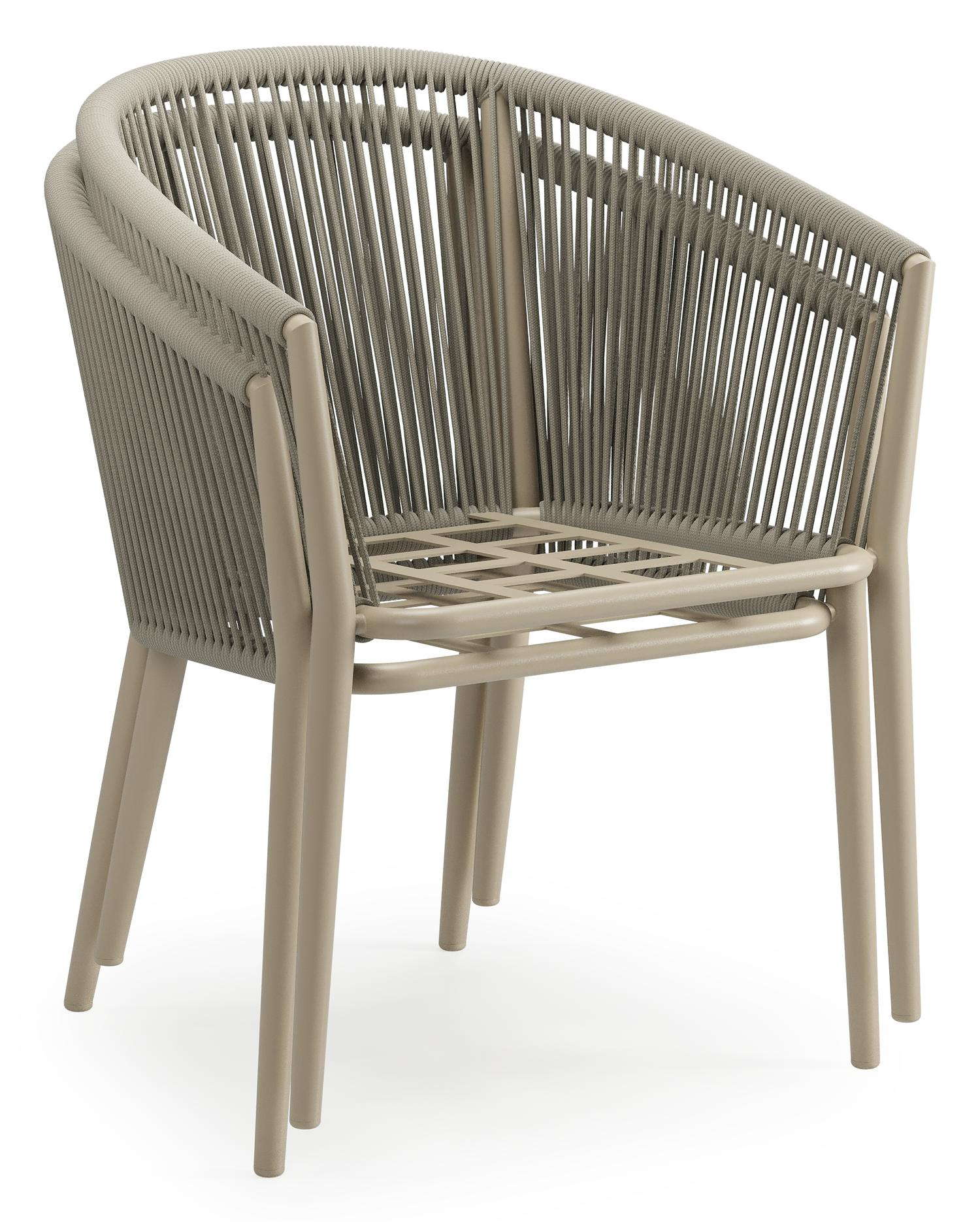 Chaise de jardin Orso en aluminium beige et corde ronde tissée verticalement beige avec coussin luxe en All Weather Cosytica Bora Jungle