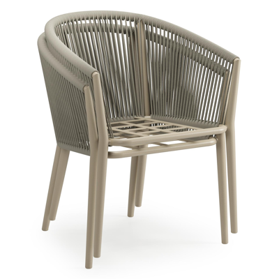 Orso stapelbare tuinstoel in beige aluminium en beige verticaal geweven ronde rope met kussen in All Weather Sunbrella® Luxe Slow Farafra