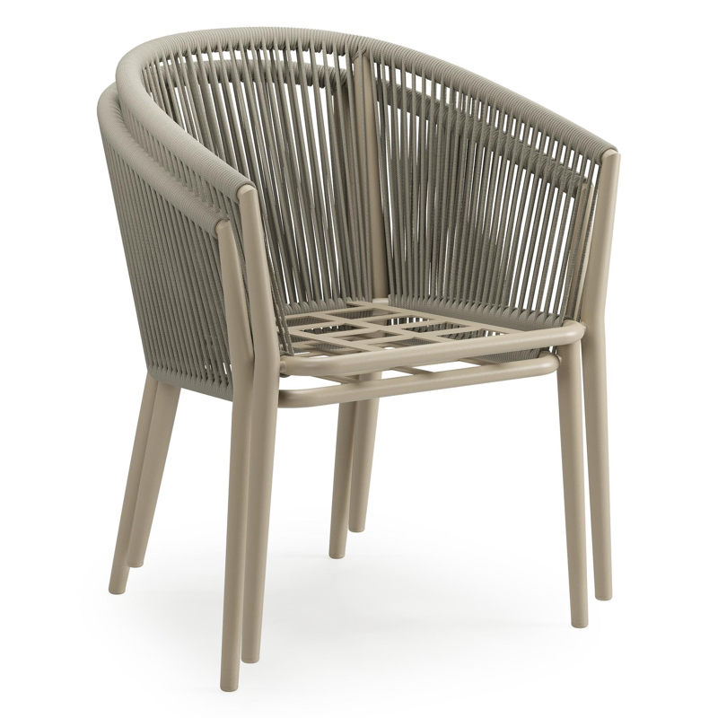 Orso tuinstoel in beige aluminium en beige verticaal geweven ronde rope met luxe zitkussen in All Weather Sunbrella® Luxe Tundra Red