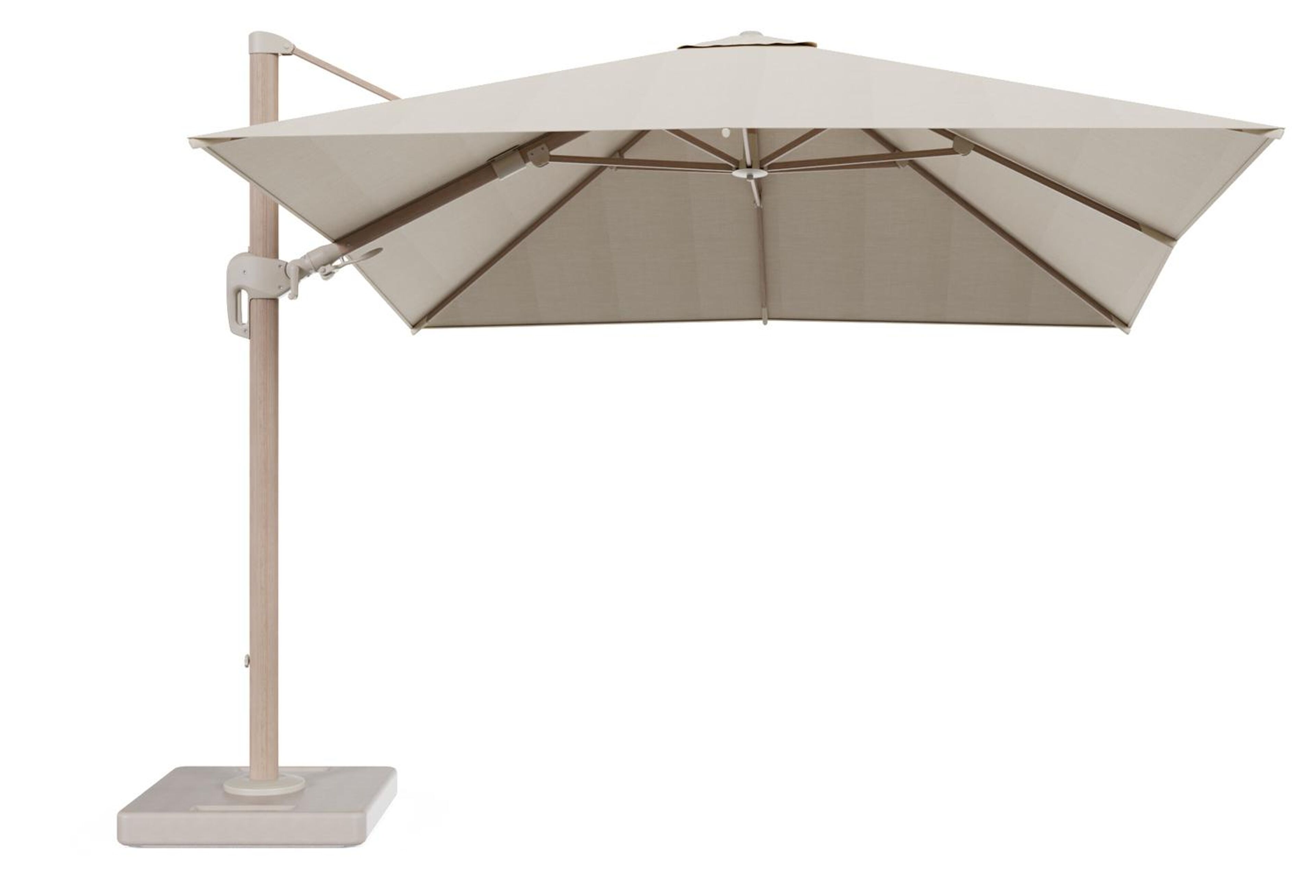 Rufina zweefparasol tiltfunctie in houtlook aluminium en parasoldoek in All Weather Sunbrella® Premium Beige - L1 300 x L2 300 cm met parasolvoet Lapido 160 kg