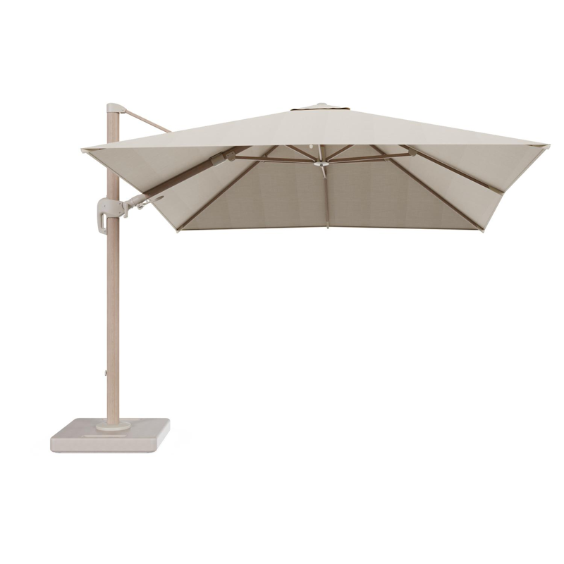 Rufina zweefparasol tiltfunctie in houtlook aluminium en parasoldoek in All Weather Sunbrella® Premium Beige - L1 300 x L2 300 cm met parasolvoet Lapido 160 kg
