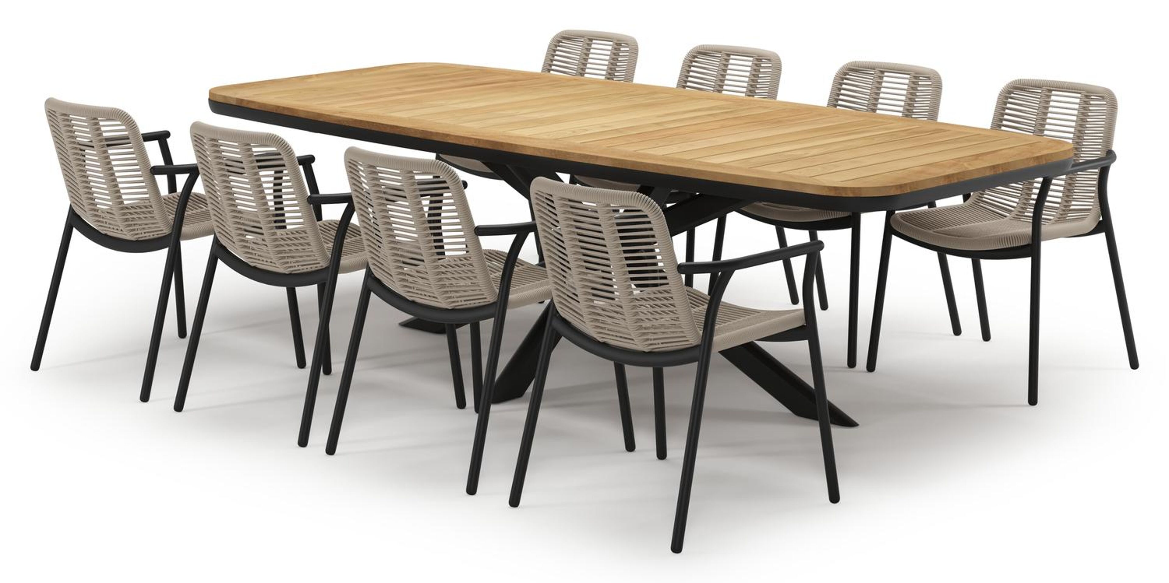 Pamplona tuinset in zwart aluminium en teak met 8 stapelbare Berga tuinstoelen