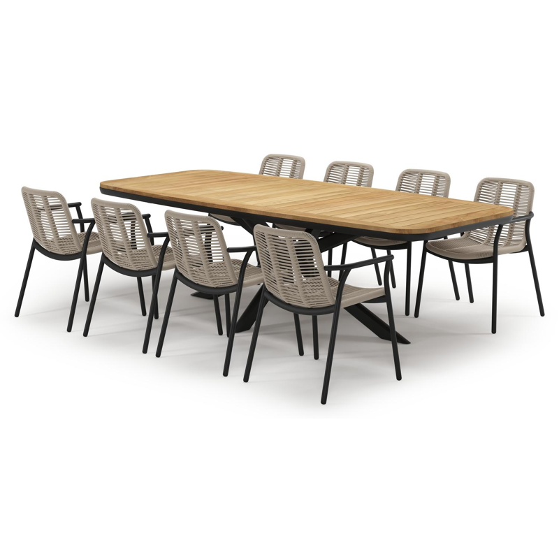 Pamplona tuinset in zwart aluminium en teak met 8 stapelbare Berga tuinstoelen