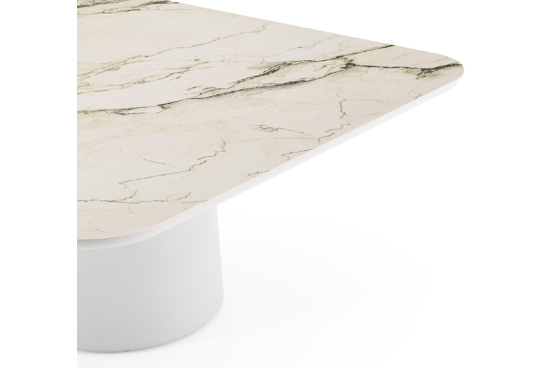 Amico low dining tuintafel afgerond vierkant in wit aluminium en volkeramiek Colorado Dunes - L 148 x B 148 x H 61 cm