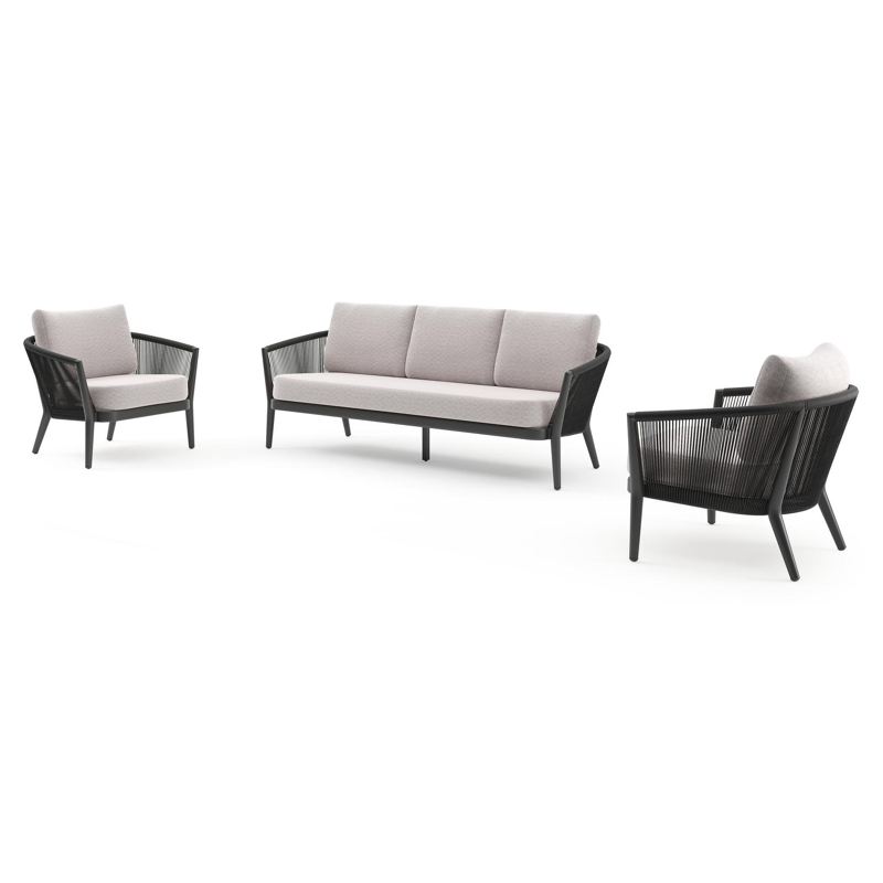 Orso loungeset in zwart aluminium en zwart verticaal geweven ronde rope met Wander Gobi all weather sunbrella® luxe kussen